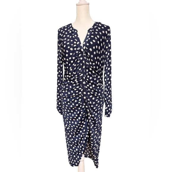 madison + hudson Dresses & Skirts - Madison + Hudson Navy Polka Dot Ruched Sheer Sleeve Dress Size Small